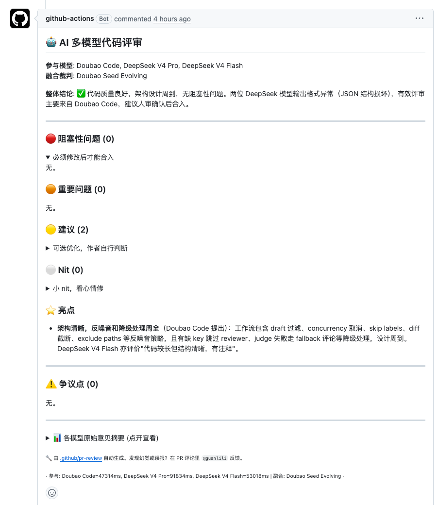 一份多模型融合后的 PR 评审报告:每条问题标注置信度级别与提出人数